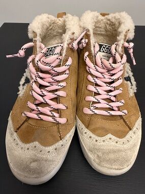 GGDB Women's Tan Suede High-Top Sneakers with Pink Laces and Cream Shearling